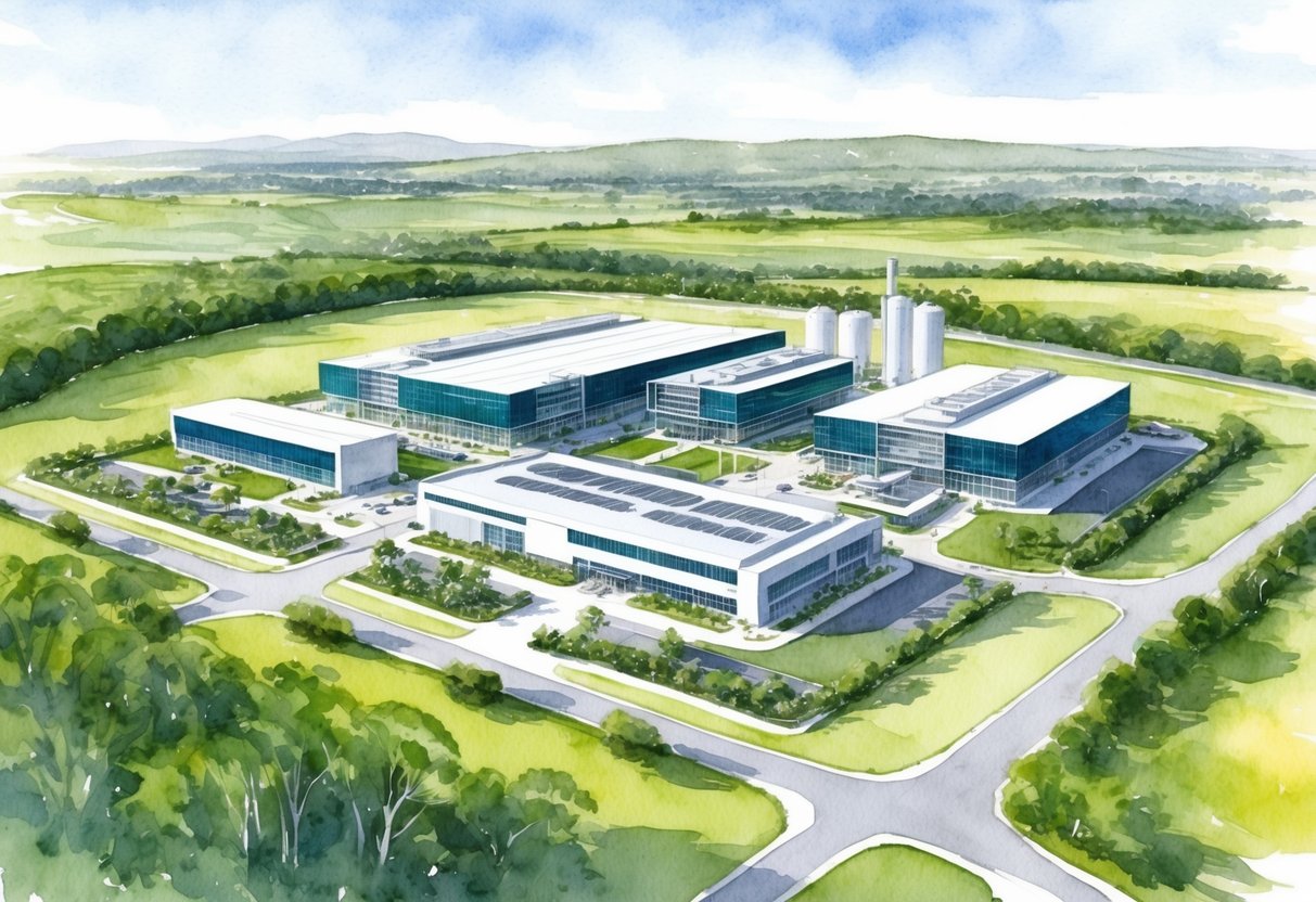 A sprawling Australian landscape with a modern, eco-friendly drawing production facility at its center, surrounded by lush greenery and renewable energy sources