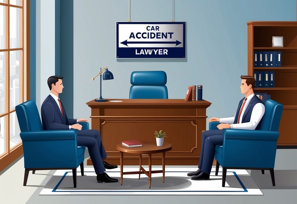 A car accident lawyer's office with a sign, desk, and client chairs