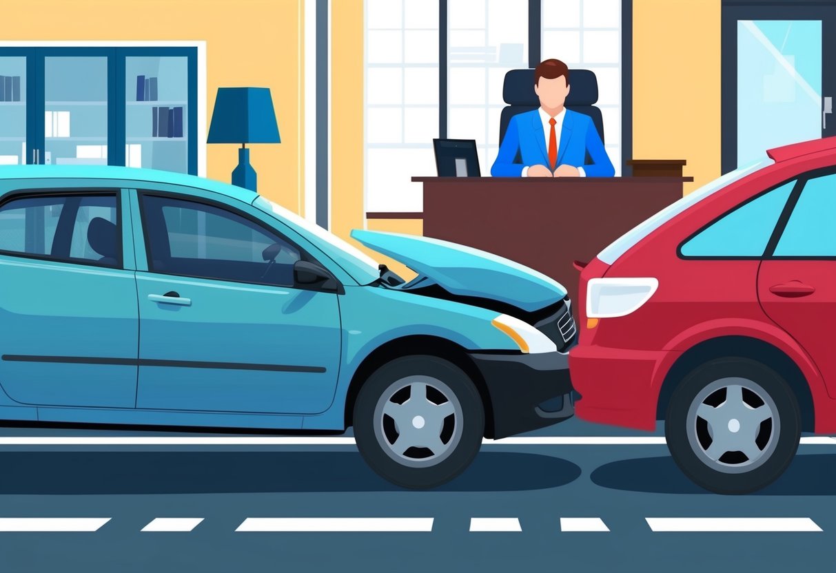 A car accident scene with two vehicles, one rear-ended, and a lawyer's office in the background