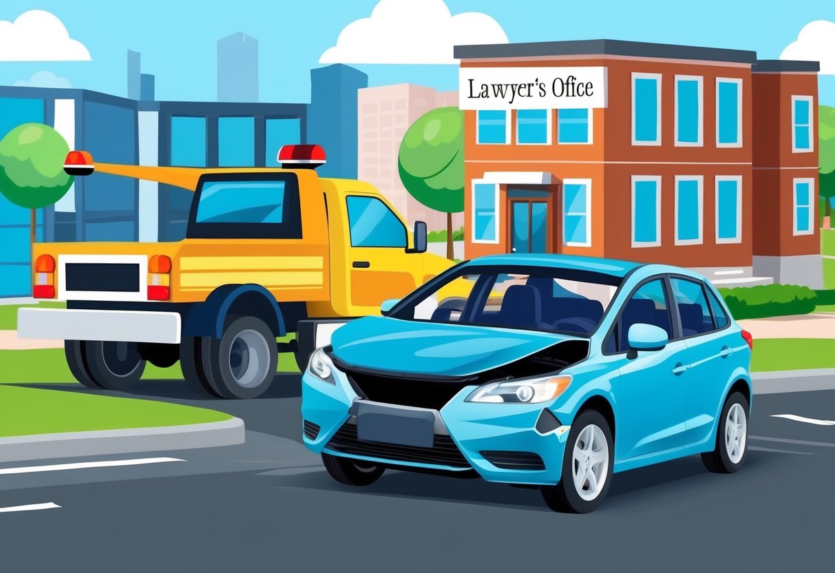 A car accident scene with a lawyer's office in the background, a tow truck, and a damaged vehicle
