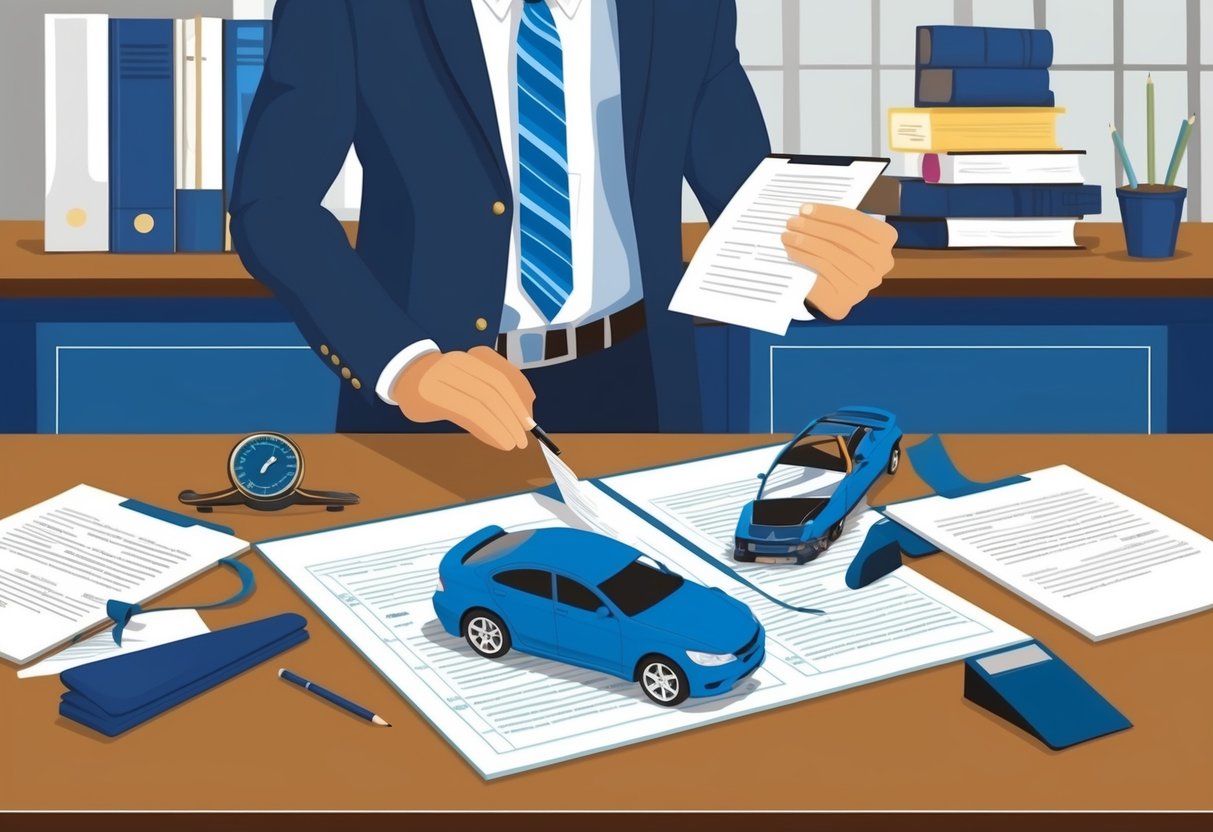 A lawyer's office with legal documents and a scale model of a car accident scene