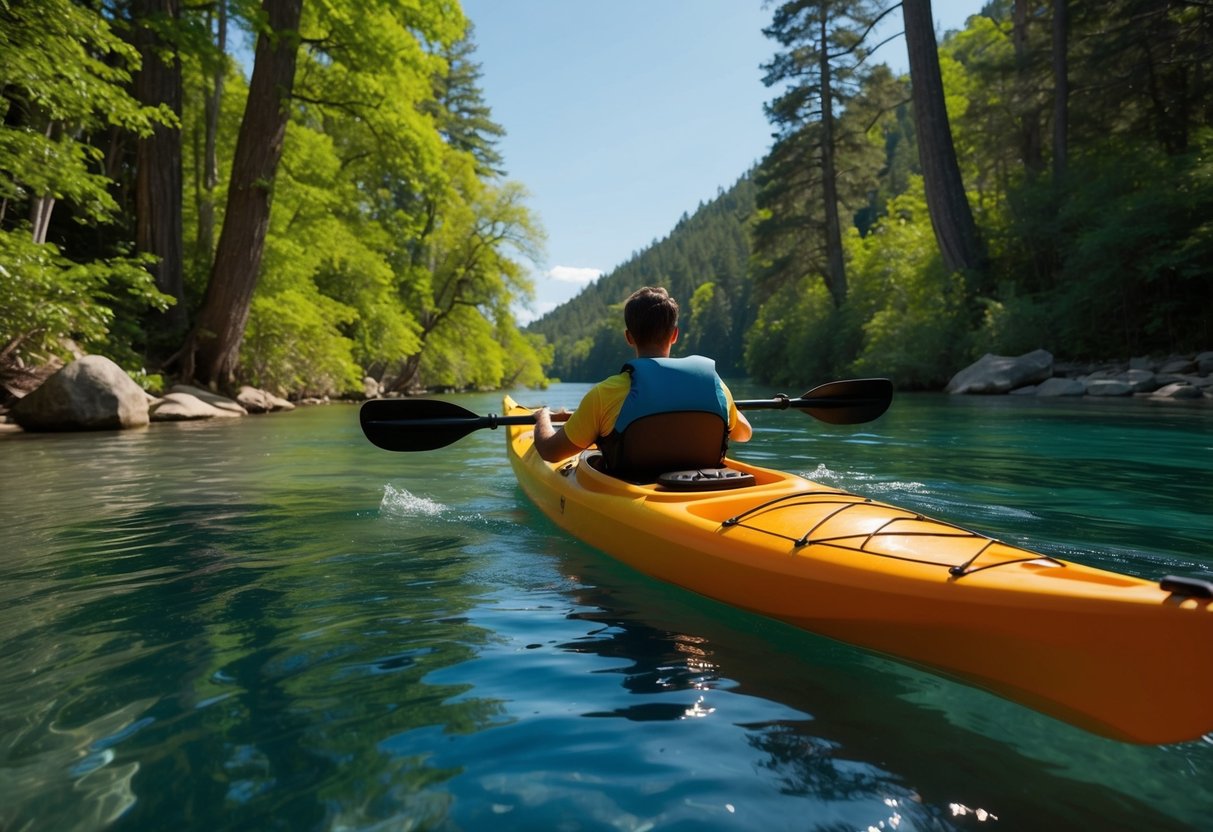 A kayak glides through crystal-clear waters, surrounded by lush greenery and towering trees in Silver Springs