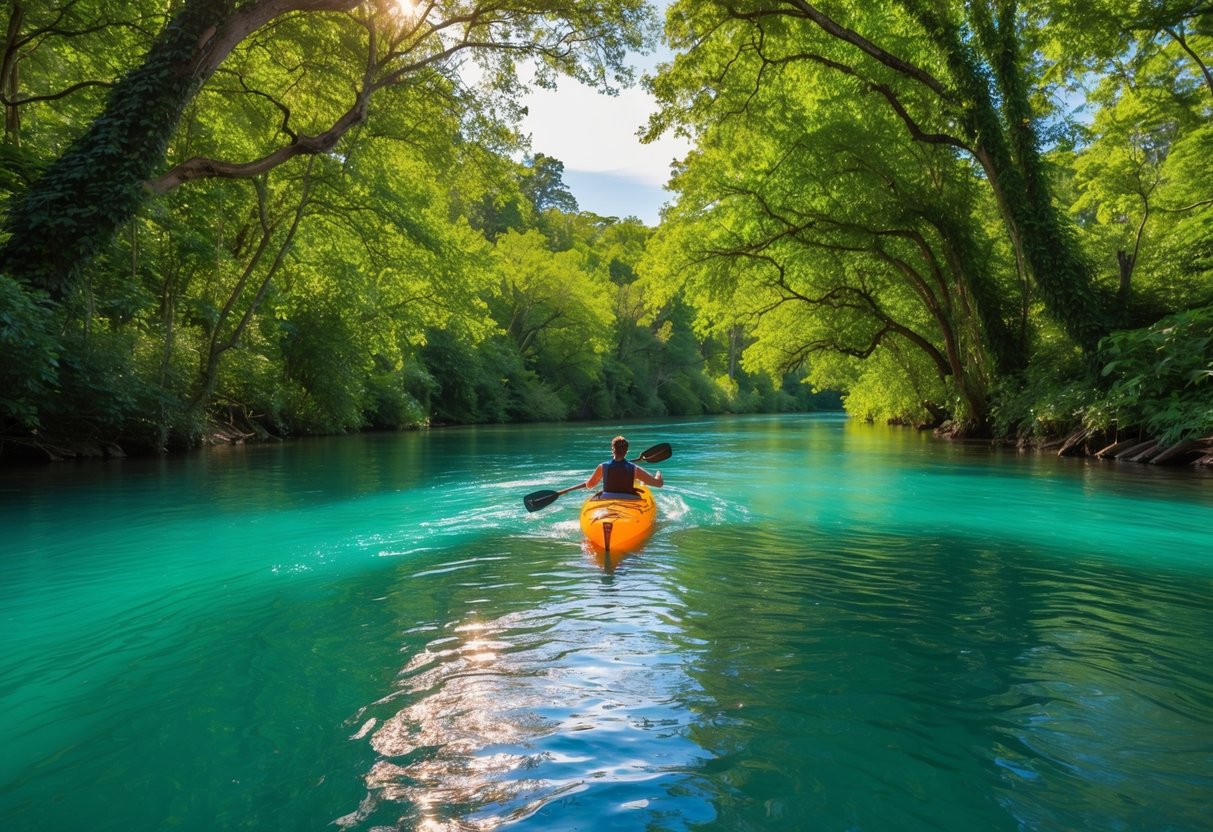 A serene river winding through lush greenery, with a clear kayak gliding over the crystal-clear water. Sunlight filters through the canopy above, casting dappled shadows on the tranquil surface