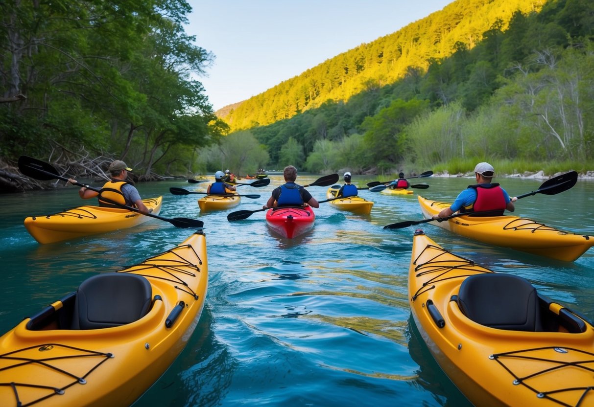 A group of kayaks gliding through the crystal-clear waters of Silver Springs, surrounded by lush greenery and wildlife