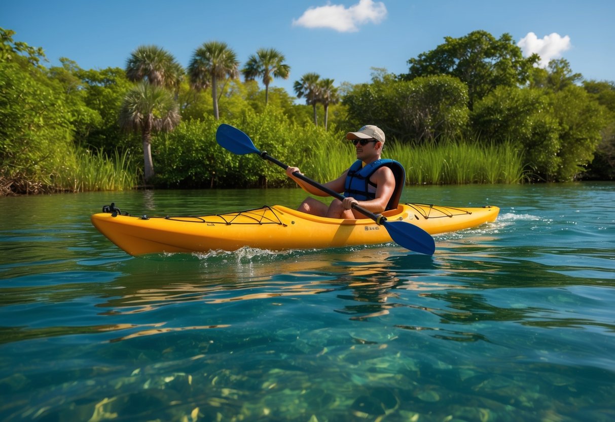 A kayak glides through crystal-clear waters surrounded by lush greenery and wildlife in Weeki Wachee, Florida