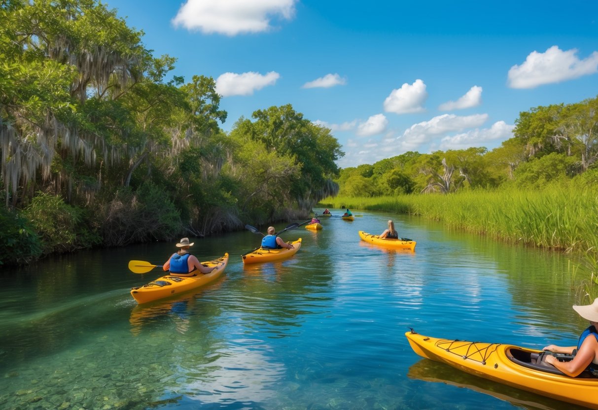 A serene river winds through lush vegetation, with kayaks gliding peacefully along the crystal-clear water. A variety of wildlife can be seen along the banks, showcasing the beauty of ecotourism in Weeki Wachee, Florida