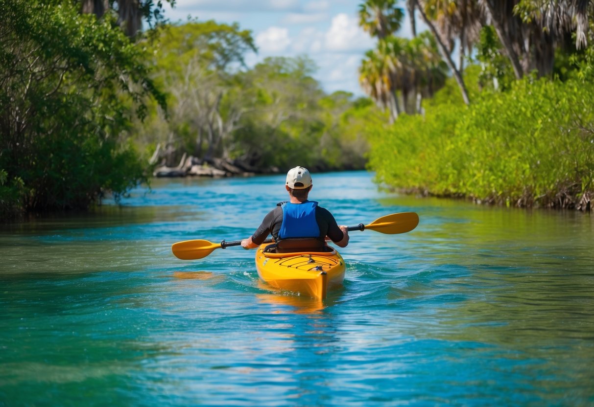 A kayaker glides through the crystal-clear waters of Weeki Wachee, surrounded by lush greenery and wildlife. The tranquil river provides accessible and scenic transportation for outdoor enthusiasts