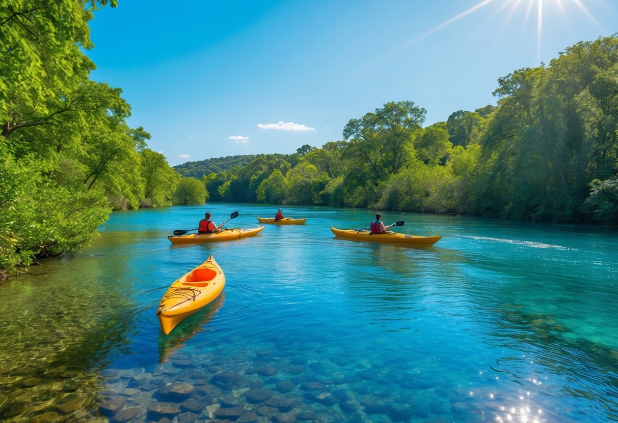 A clear blue river winds through lush green foliage, with kayaks floating peacefully on the water under a bright sunny sky