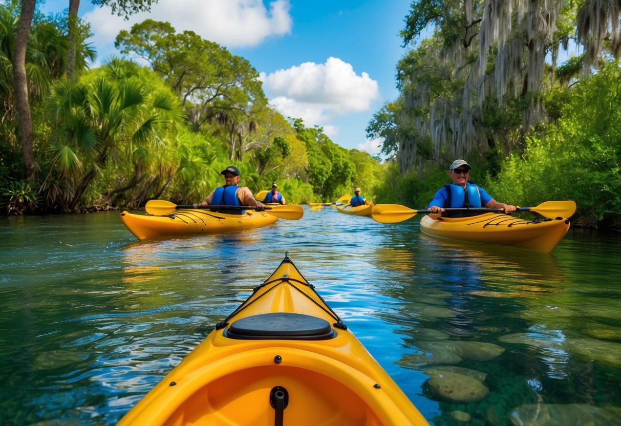 A serene river with kayaks gliding through crystal-clear waters surrounded by lush greenery and wildlife in Weeki Wachee, Florida