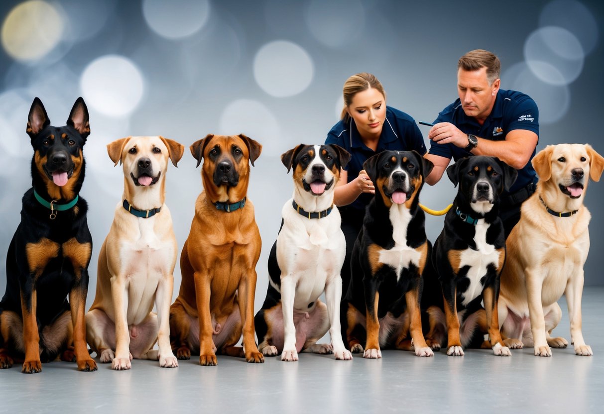 Several well-behaved dogs of different breeds sitting in a row, attentively listening to a trainer giving commands. Each dog is focused and obedient, demonstrating that training multiple dogs is indeed possible