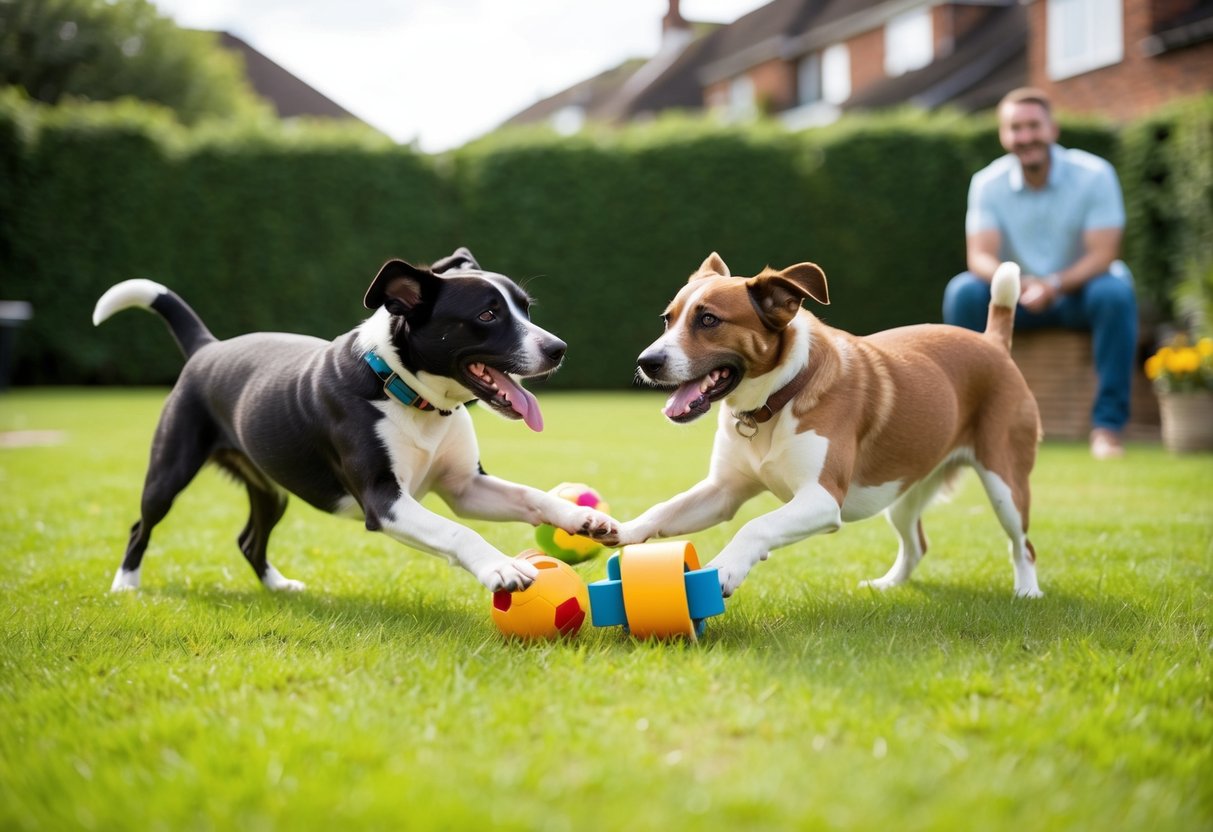 Two dogs playing with toys in a spacious backyard while their owner watches from a distance, smiling