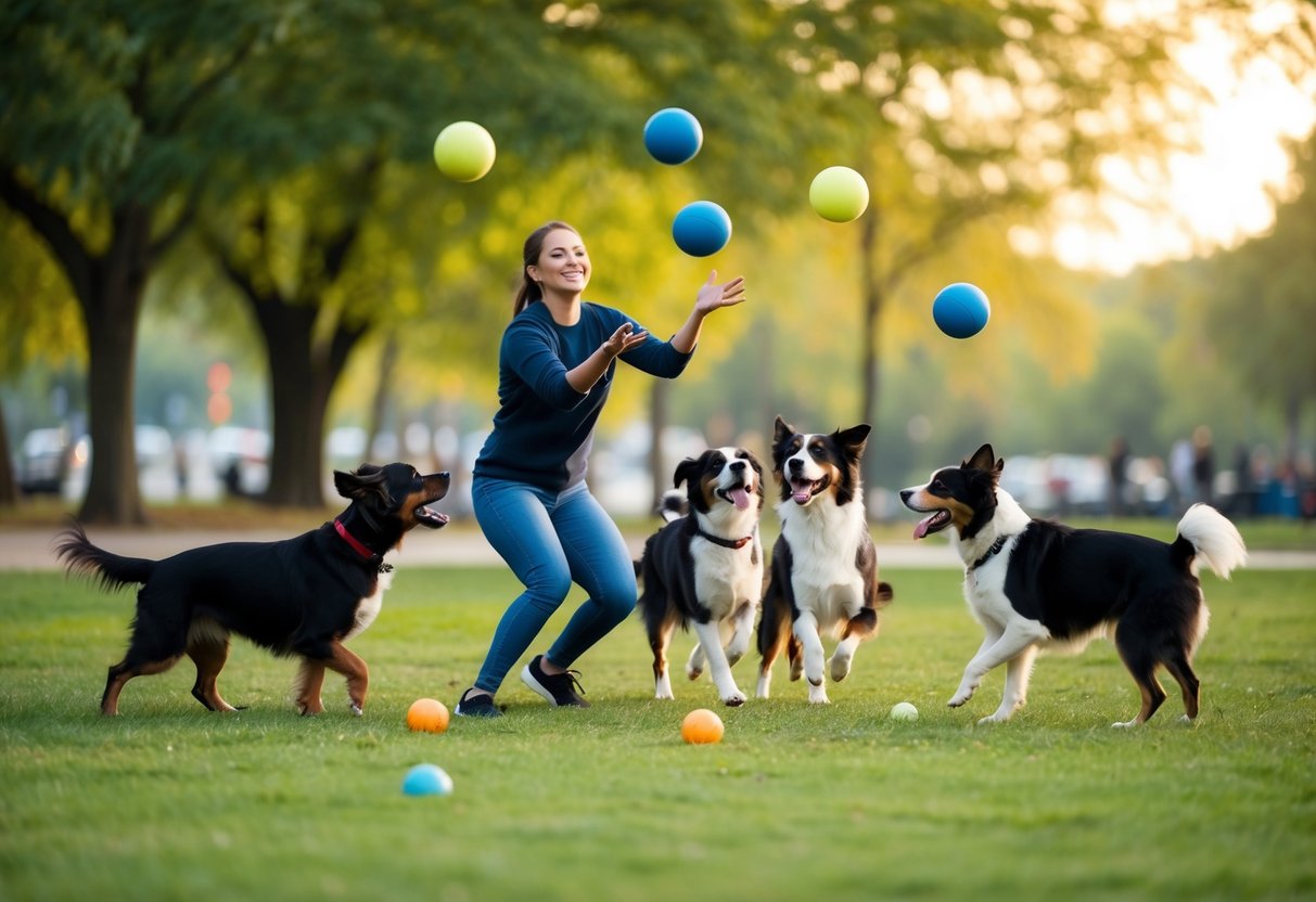 A person playing with multiple dogs in a park, juggling balls and toys to showcase the fun and manageable time spent with multiple dogs