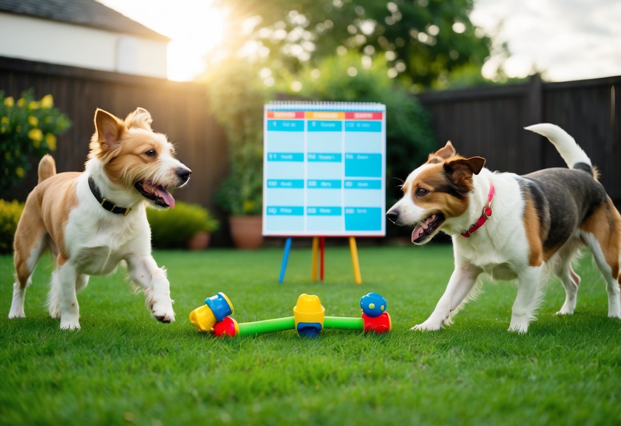 Two dogs playing with toys in a spacious backyard, while their owner sets up a schedule for walks and playtime on a colorful calendar