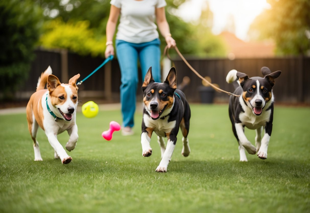 Three dogs playing in a spacious backyard, fetching toys and chasing each other. A person watches with a smile, holding a leash