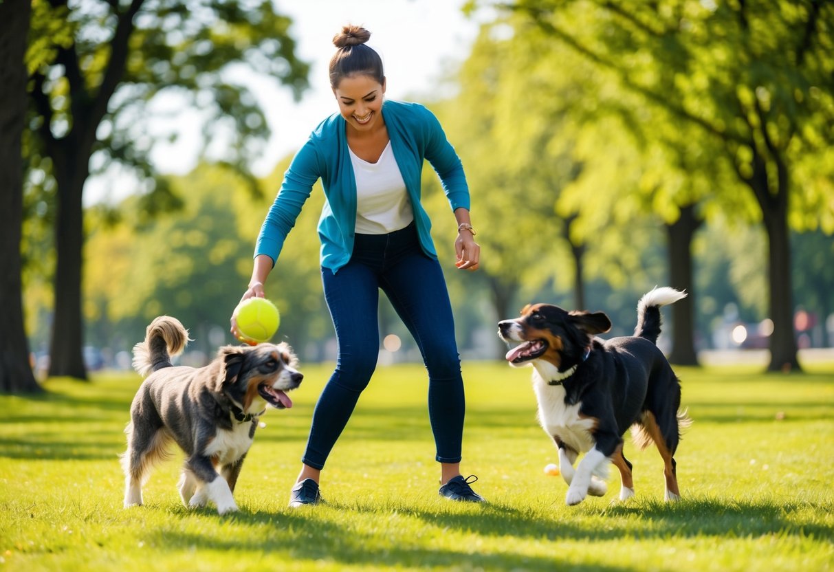 A person playing fetch with two dogs in a sunny park, surrounded by trees and laughter