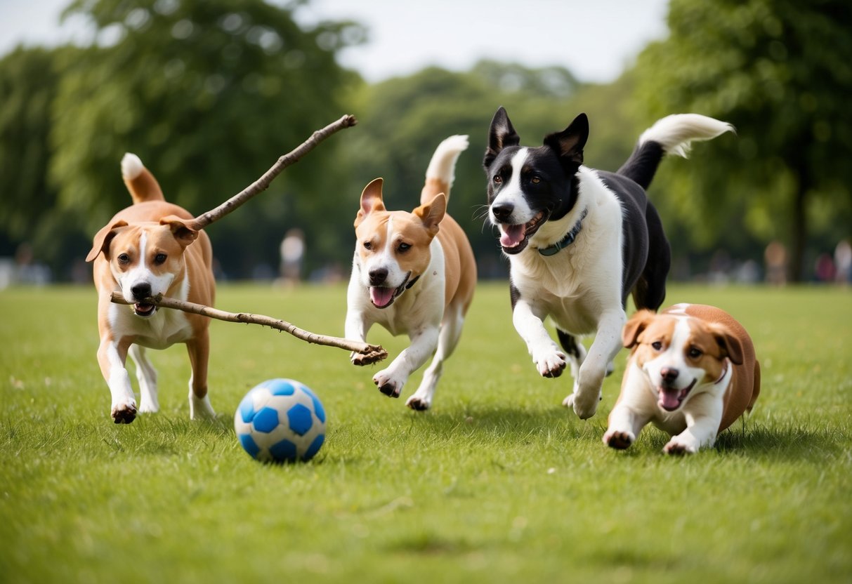 A group of dogs playing in a park, with one dog fetching a stick, another chasing a ball, and a third rolling in the grass