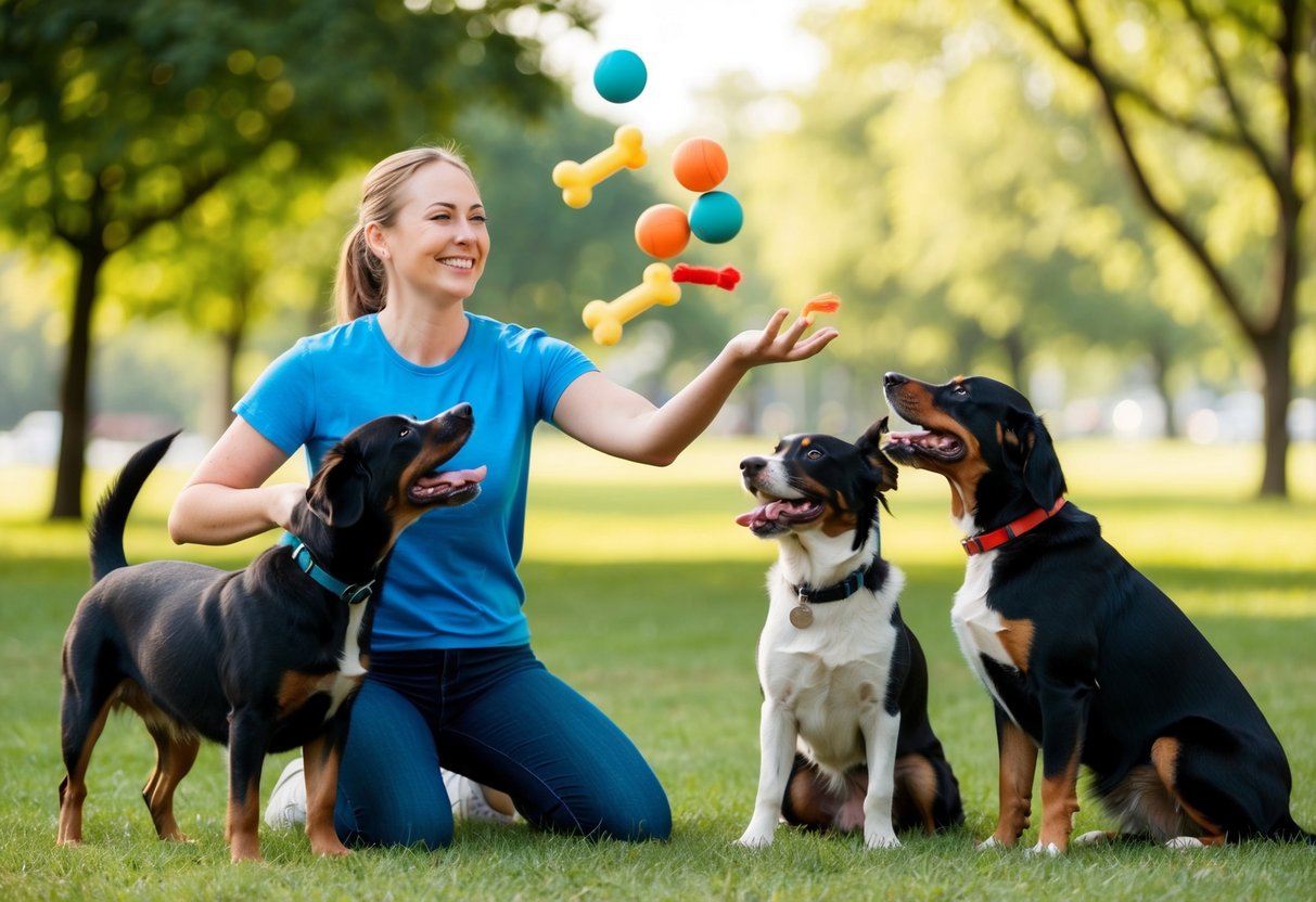 A person playing with multiple dogs in a park, juggling toys and treats while smiling