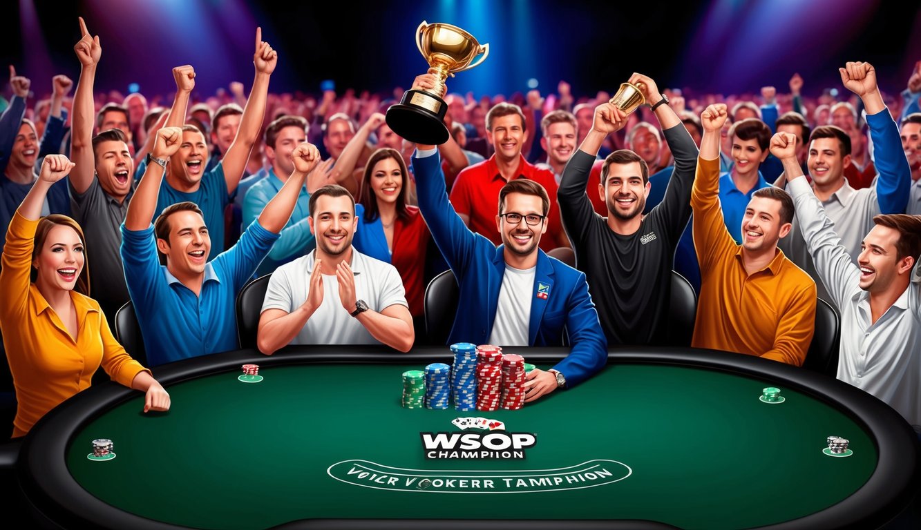 一張撲克桌子，周圍是歡呼的觀眾，WSOP冠軍舉起獎盃慶祝勝利