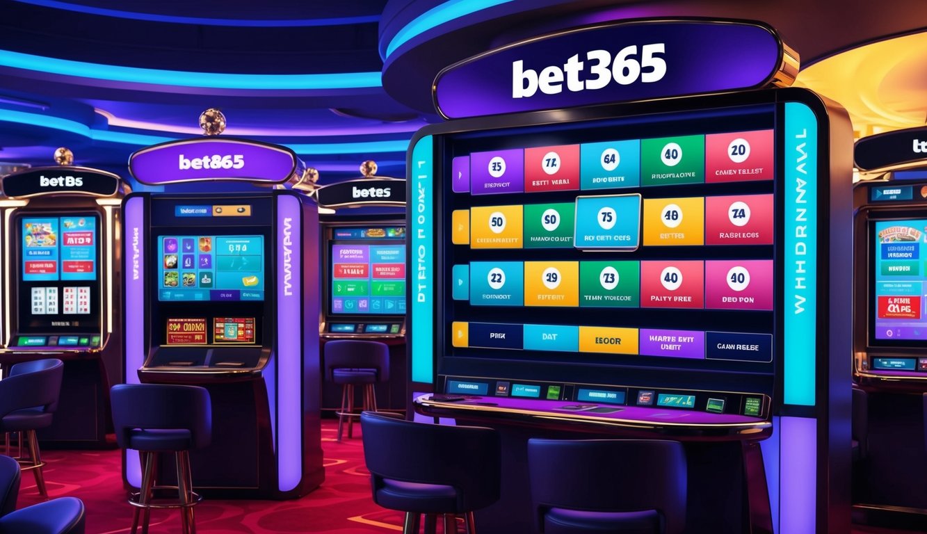 在BET365娛樂城，色彩繽紛且充滿活力的賭場場景，數位螢幕上顯示著各種存款和提款選項