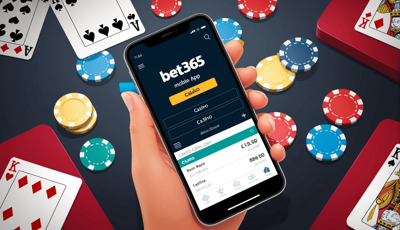 一部智能手機顯示著BET365手機應用程序，開啟了賭場部分，周圍環繞著賭場籌碼和撲克牌