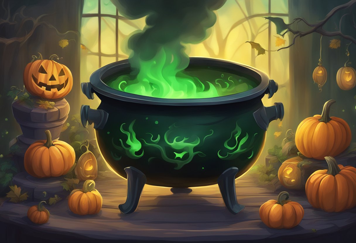 A cauldron bubbling with green smoke, surrounded by spooky decorations and glowing pumpkins