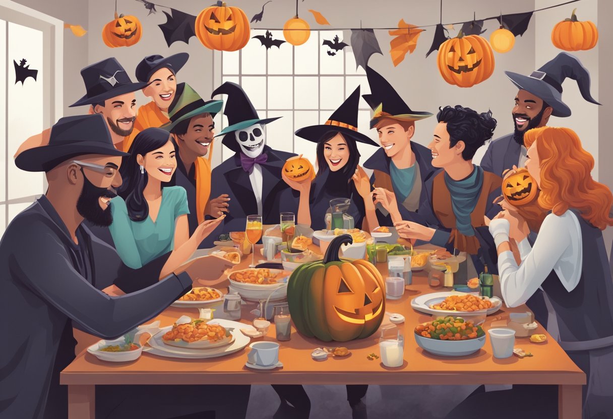 A group of friends and couples gather around a table covered in various Halloween costume options, discussing and laughing as they make their selections