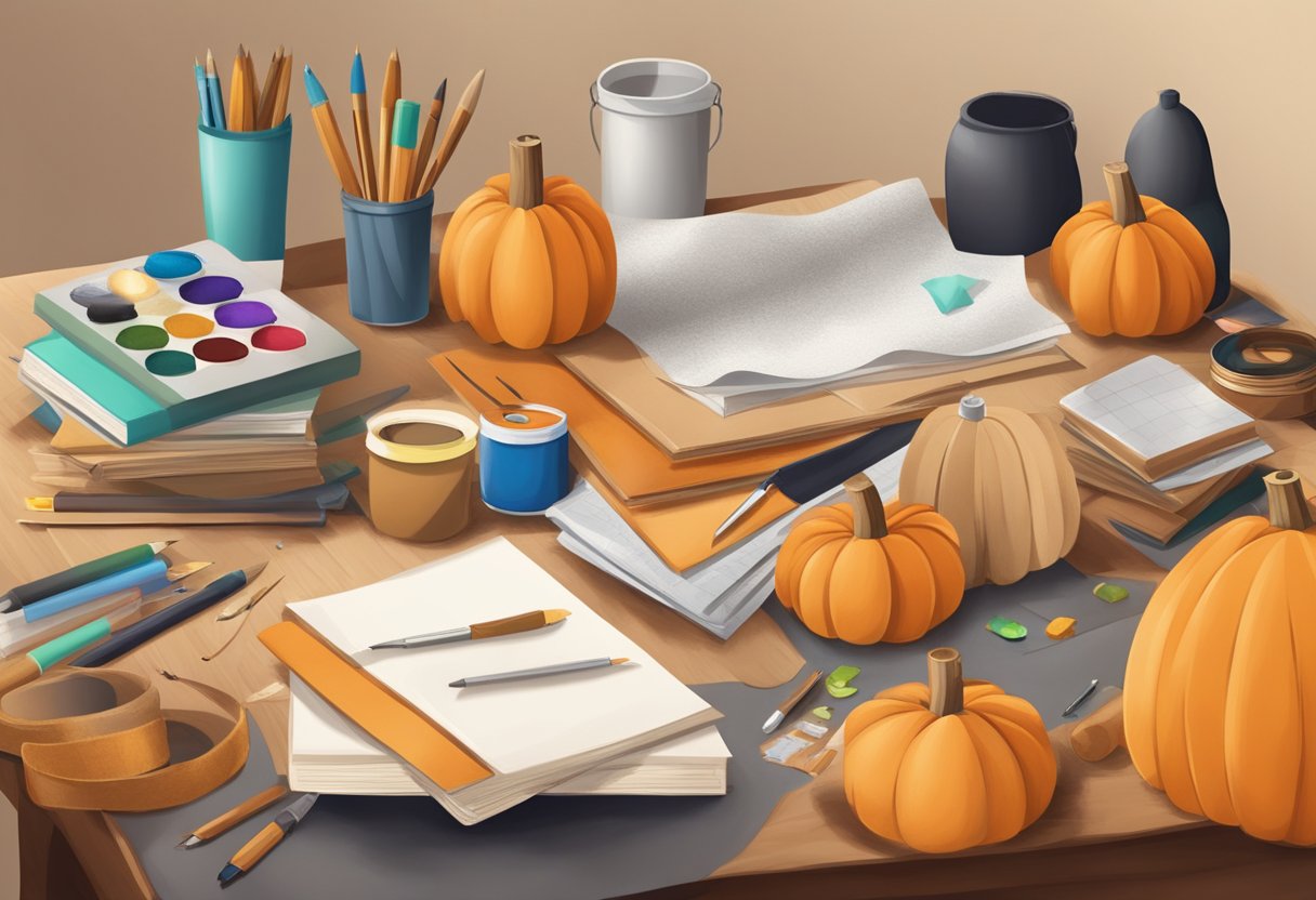 A table covered in craft supplies: fabric, paint, glue, and cardboard. A stack of costume ideas on a notebook. A pumpkin and bat illustration on the wall