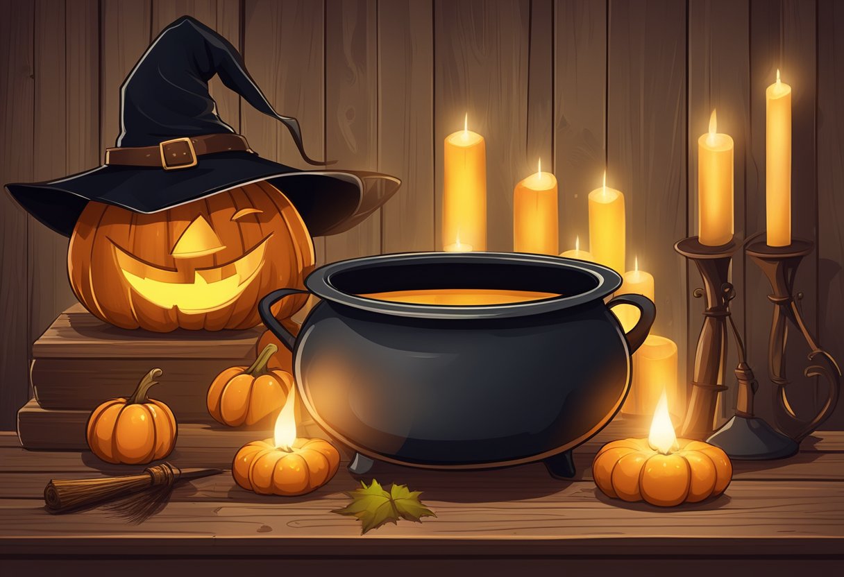 A witch's hat, broom, and cauldron sit on a rustic wooden table, surrounded by glowing pumpkins and flickering candles