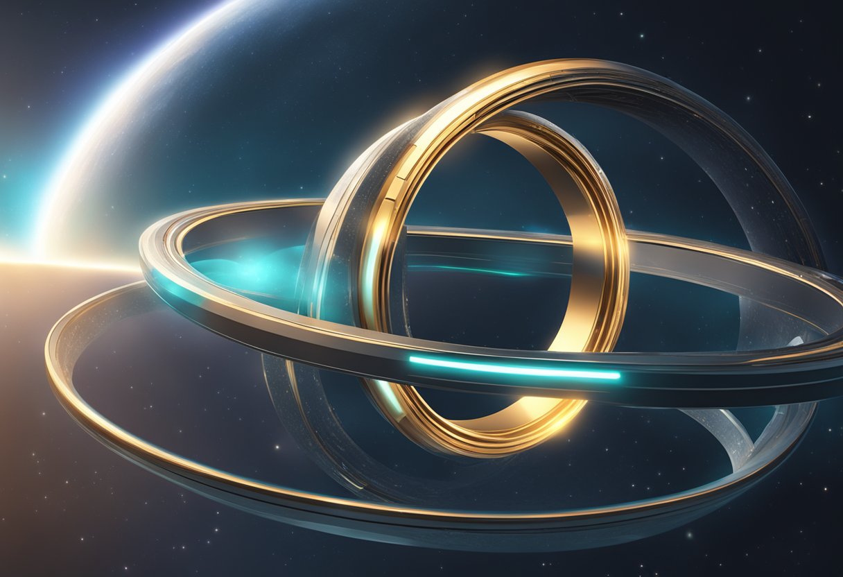 Two futuristic rings floating in space, emitting a soft glow, facing each other