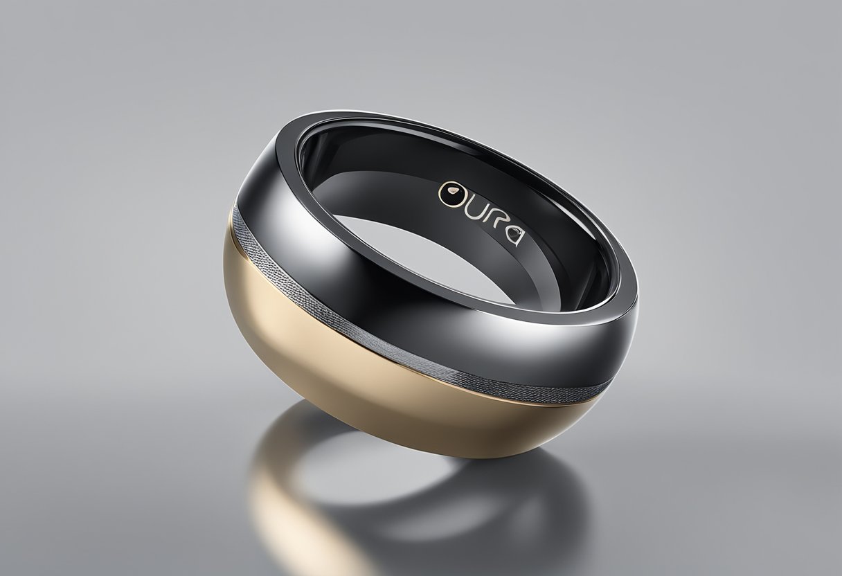 A sleek ultrahuman ring made of metallic material contrasts with the elegant, minimalist design of the oura ring, which is crafted from a combination of ceramic and metal