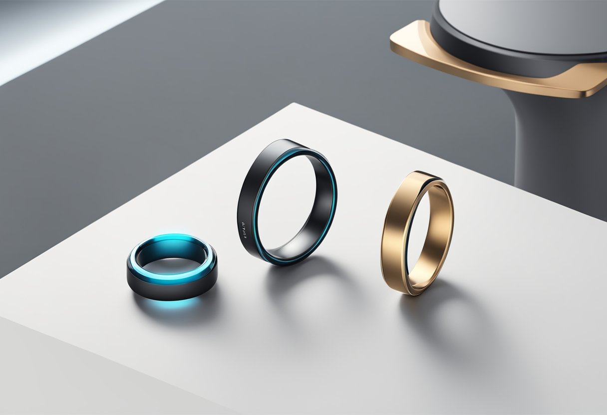 Two smart rings displayed side by side on a sleek, modern surface with technical specifications and performance data shown next to each