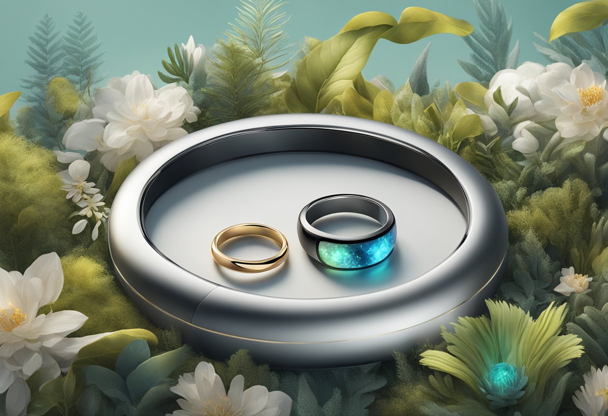 Two smart rings displayed side by side, surrounded by various electronic devices and natural elements, showcasing the contrast between ultrahuman and oura ring ecosystems