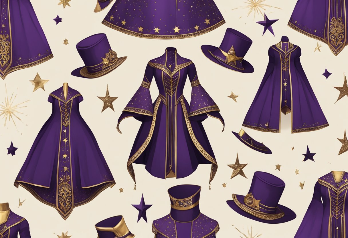 A female magician costume displayed on a vintage wooden mannequin. Rich, deep purple fabric with gold accents and a tall, pointed hat adorned with stars and moons