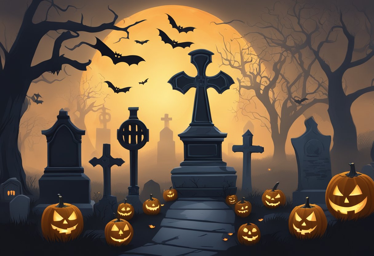 A spooky graveyard with fog, bats, and jack-o-lanterns