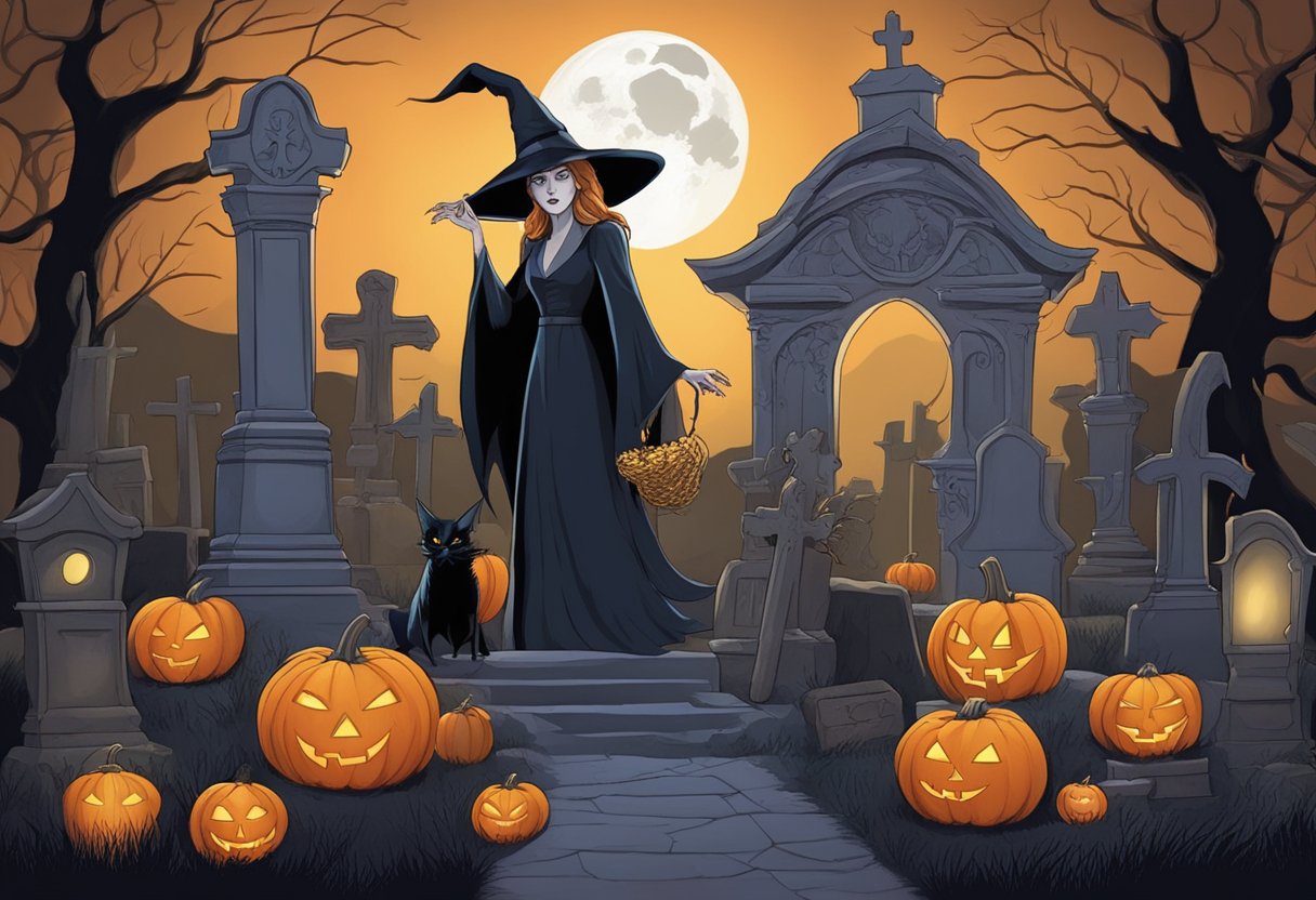 A moonlit graveyard with a witch, vampire, and ghost in classic costumes. Pumpkins and bats add to the spooky atmosphere