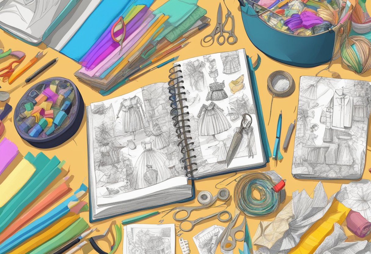 A cluttered table with fabric, scissors, and glue. A sketchbook with various costume ideas. A wall covered in colorful costume sketches and inspiration