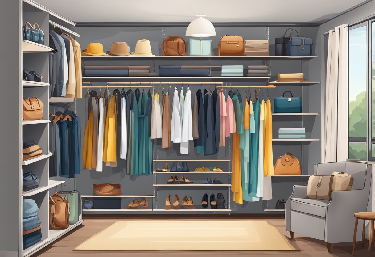 A closet with neatly hung costumes and accessories organized on shelves