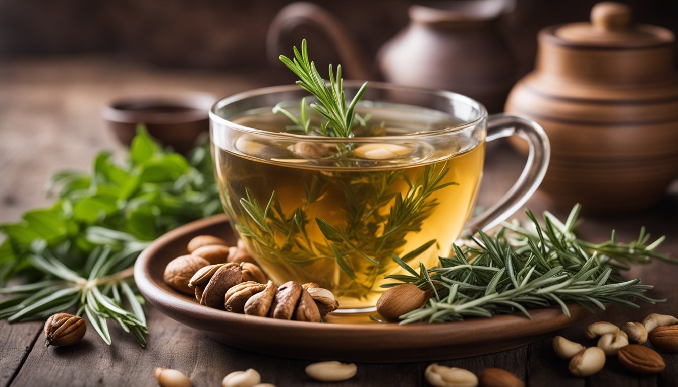 A glass of herbal tea with ginseng and rosemary, surrounded by fresh herbs and a bowl of nuts