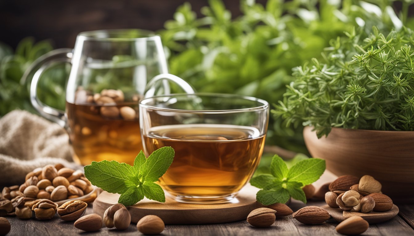 A glass of herbal tea surrounded by fresh herbs and a bowl of nuts