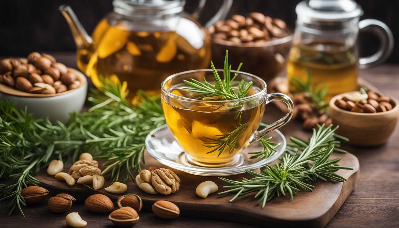 A glass of herbal tea with ginseng and rosemary, surrounded by fresh herbs and a bowl of nuts