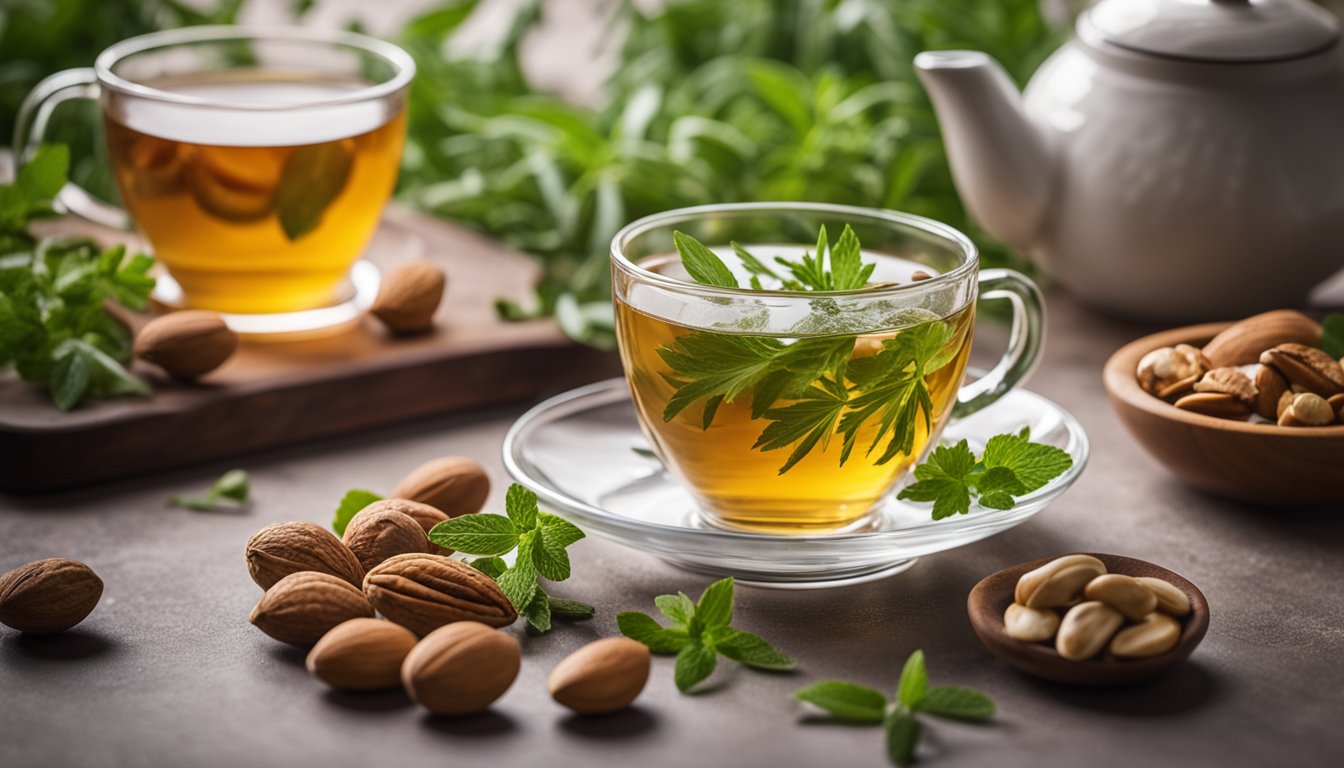 A glass of herbal tea surrounded by fresh herbs and a bowl of nuts