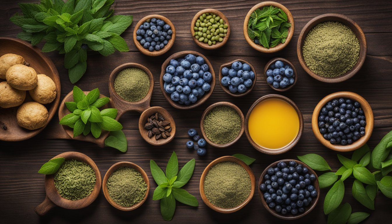 A rustic wooden table displays vibrant neurogenic herbs and food plants like blueberries, turmeric, and green tea leaves, ready to be used