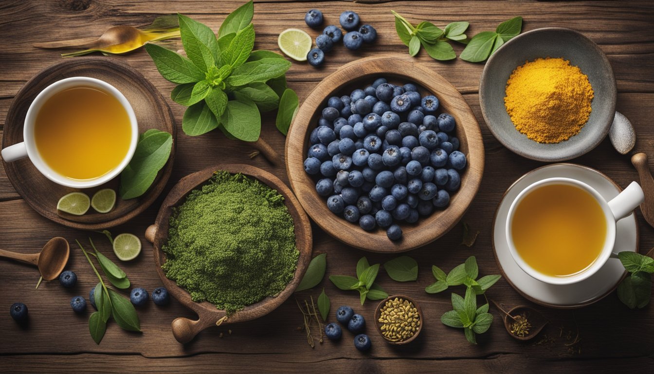 A rustic wooden table displays vibrant neurogenic herbs and food plants like blueberries, turmeric, and green tea leaves, ready to be used