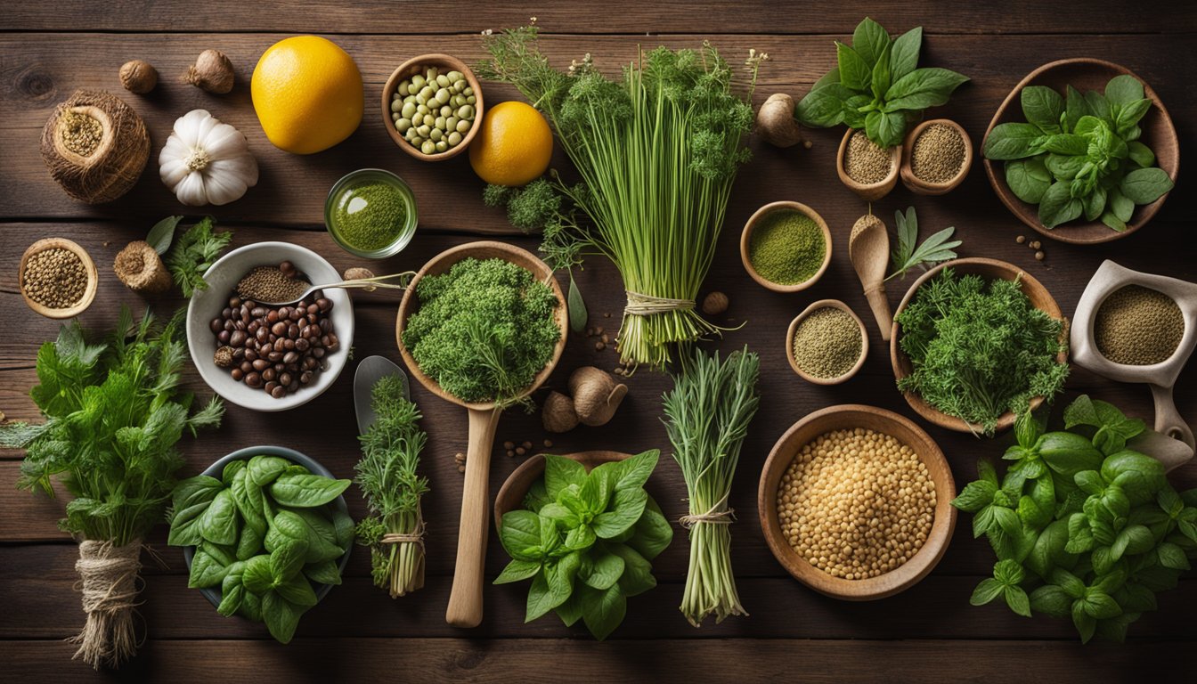 An array of vibrant herbs and food plants displayed on a rustic wooden table