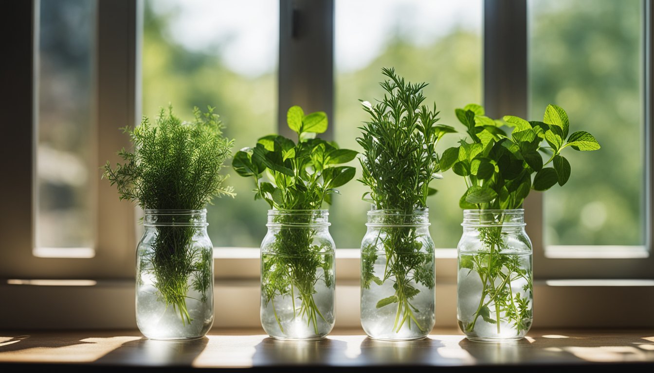 Six herb cuttings in jars of water on a sunny windowsill