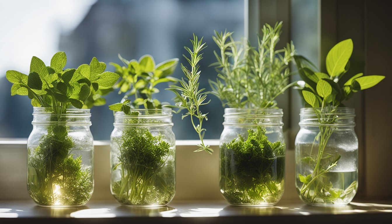 Six herb cuttings in water-filled jars on a sunny windowsill