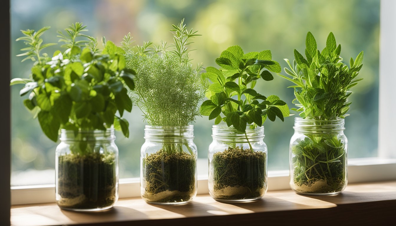 Six herb cuttings in jars on sunny windowsill