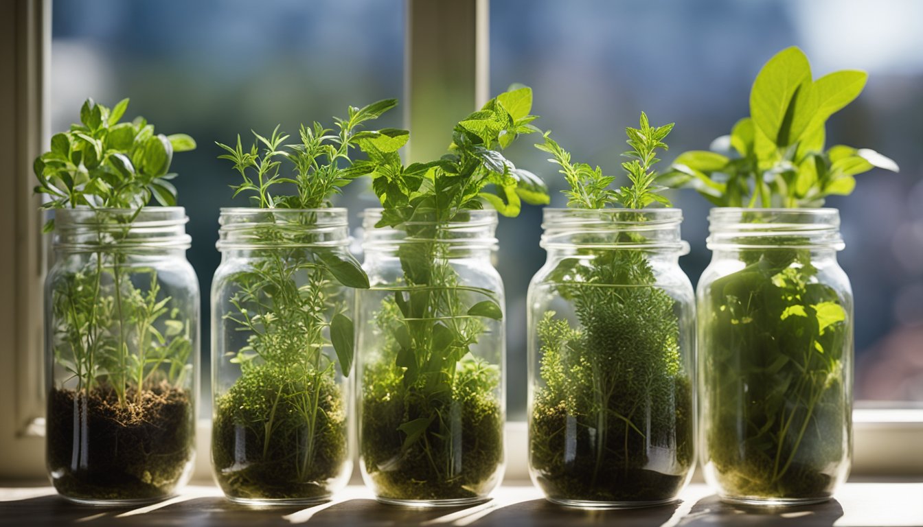 Six herb cuttings in jars on sunny windowsill