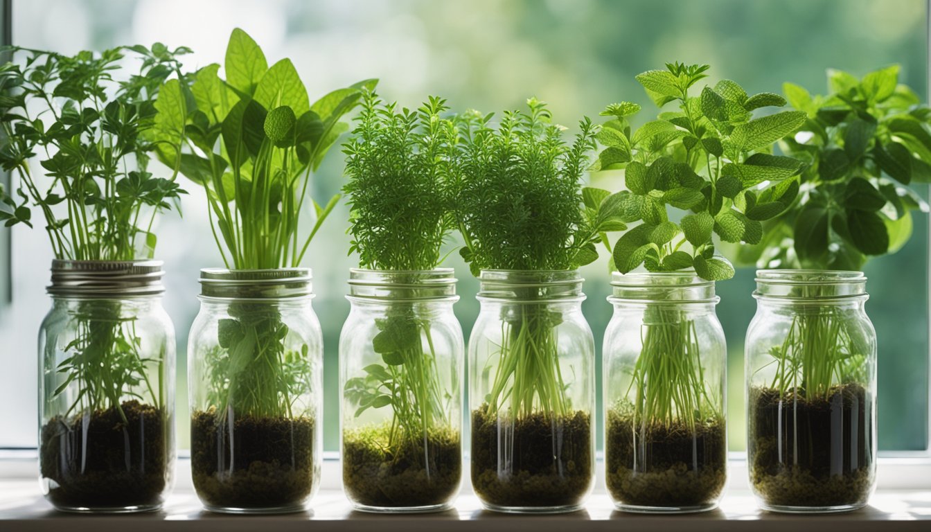 Six herb cuttings in jars on a sunny windowsill