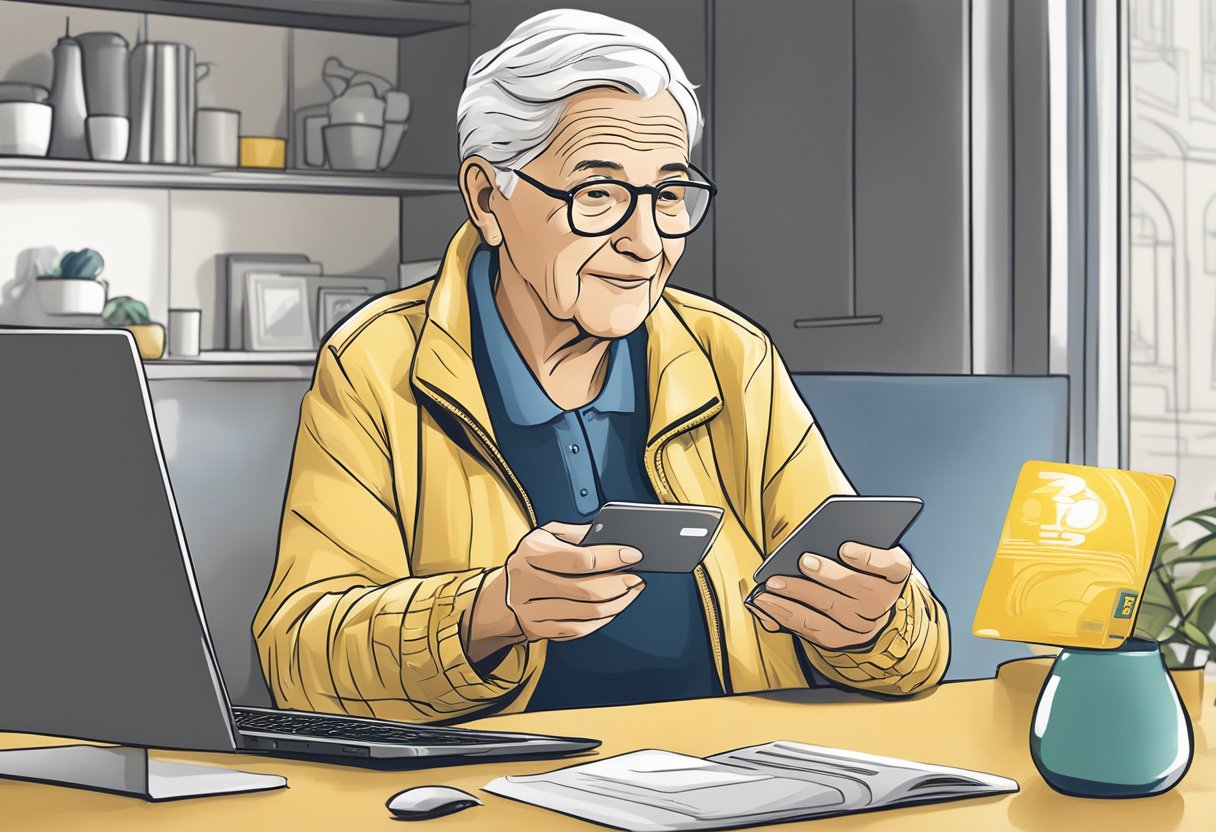 Uma pessoa idosa usando confiantemente um cartão virtual do Banco do Brasil para transações online, com uma sensação de facilidade e segurança.